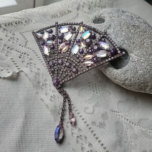 Vintage Large Flirtation Fan Shaped Brooch Rhinestones Openwork Purple Lavendar